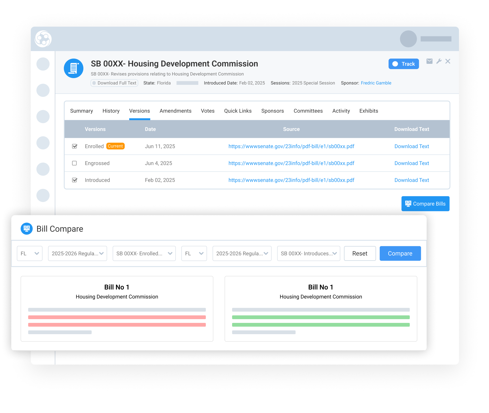 Compare versions or related bills with just a few clicks