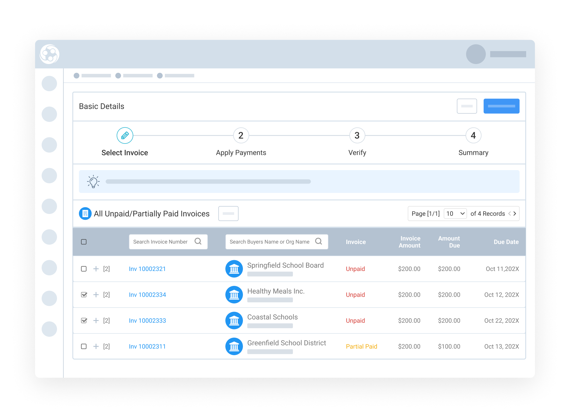 Flexibly select invoices to pay